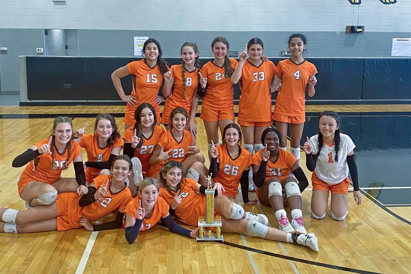 The Salyards eighth grade volleyball B team poses after winning the CFISD Middle School “B” Volleyball Tournament.
